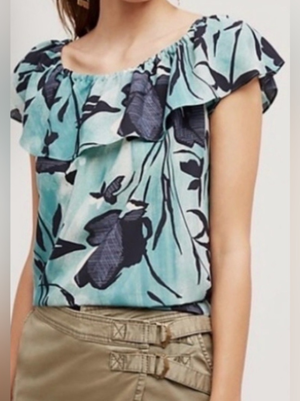 Maeve Aqua Floral Ruffle Off-Shoulder Blouse